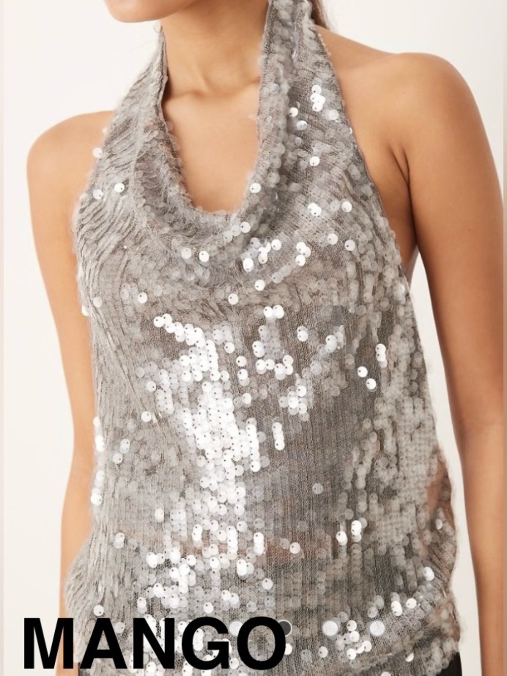 Mango Silver Gray Sequin Halter Top - Size M - NEW